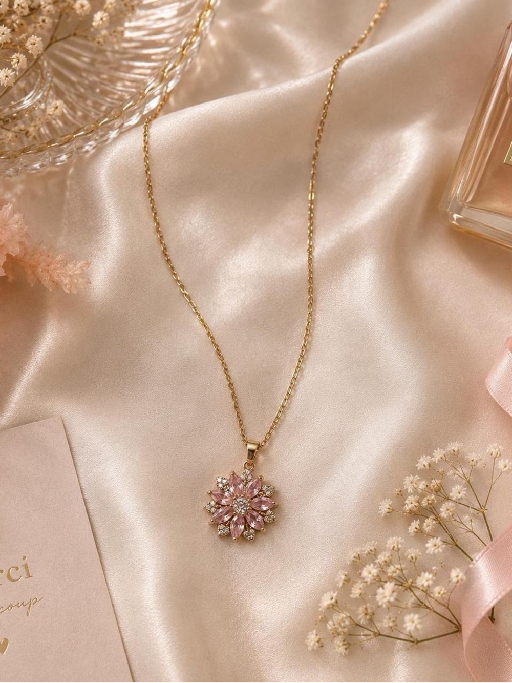 Gold Tone Pink Floral Crystal Pendant Necklace